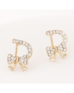 Czech Rhinestone Embellished Bowknot Character D design Fashion Ear Studs