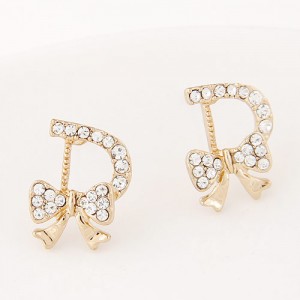 Czech Rhinestone Embellished Bowknot Character D design Fashion Ear Studs