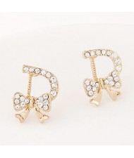 Czech Rhinestone Embellished Bowknot Character D design Fashion Ear Studs