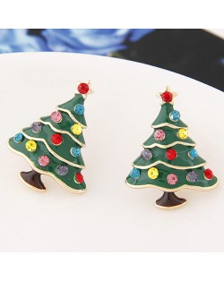 Colorful Czech Rhinestone Decorated Oil-spot Glazed Christmas Tree Fashion Ear Studs - Green