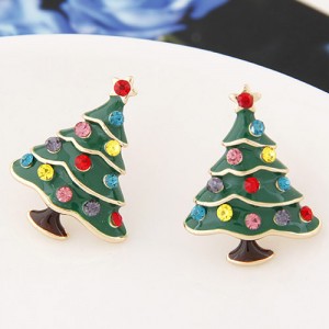 Colorful Czech Rhinestone Decorated Oil-spot Glazed Christmas Tree Fashion Ear Studs - Green