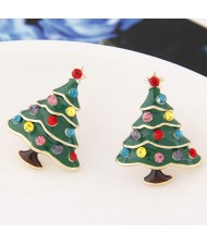 Colorful Czech Rhinestone Decorated Oil-spot Glazed Christmas Tree Fashion Ear Studs - Green