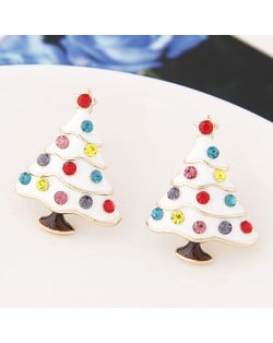 Colorful Czech Rhinestone Decorated Oil-spot Glazed Christmas Tree Fashion Ear Studs - White