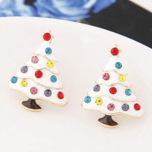 Colorful Czech Rhinestone Decorated Oil-spot Glazed Christmas Tree Fashion Ear Studs - White