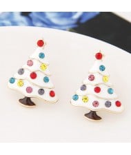 Colorful Czech Rhinestone Decorated Oil-spot Glazed Christmas Tree Fashion Ear Studs - White