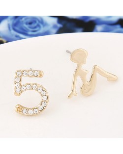 Sweet Girl and Number 5 Asymmetric Fashion Earrings - Golden