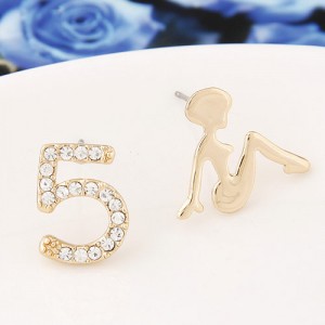 Sweet Girl and Number 5 Asymmetric Fashion Earrings - Golden