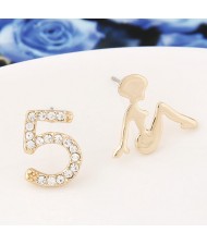 Sweet Girl and Number 5 Asymmetric Fashion Earrings - Golden