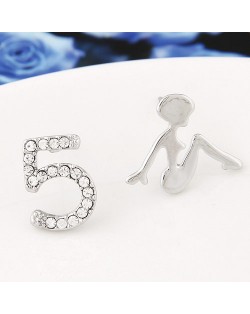 Sweet Girl and Number 5 Asymmetric Fashion Earrings - Silver