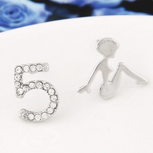 Sweet Girl and Number 5 Asymmetric Fashion Earrings - Silver