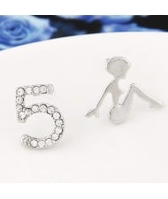 Sweet Girl and Number 5 Asymmetric Fashion Earrings - Silver