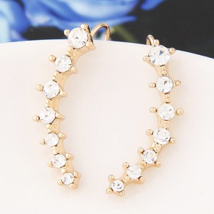 Korean Fashion Czech Rhinestone Inlaid Sweet Strip Design Golden Ear Studs