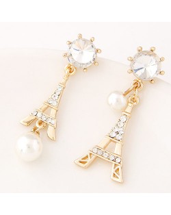 Czech Rhinestone and Pearl Decorated Korean Fashion Eiffel Tower Ear Studs - Golden