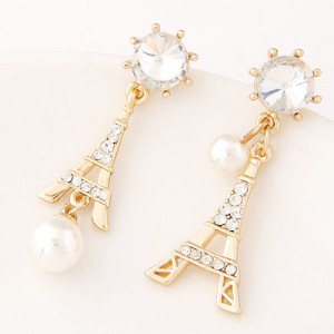 Czech Rhinestone and Pearl Decorated Korean Fashion Eiffel Tower Ear Studs - Golden