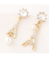 Czech Rhinestone and Pearl Decorated Korean Fashion Eiffel Tower Ear Studs - Golden