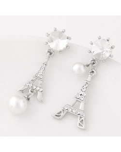 Czech Rhinestone and Pearl Decorated Korean Fashion Eiffel Tower Ear Studs - Silver