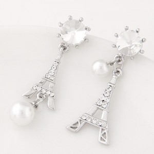 Czech Rhinestone and Pearl Decorated Korean Fashion Eiffel Tower Ear Studs - Silver