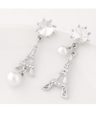 Czech Rhinestone and Pearl Decorated Korean Fashion Eiffel Tower Ear Studs - Silver