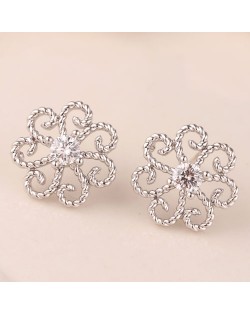 Korean Fashion Cubic Zirconia Inlaid Vintage Hollow Flower Copper Ear Studs - Silver