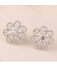 Korean Fashion Cubic Zirconia Inlaid Vintage Hollow Flower Copper Ear Studs - Silver