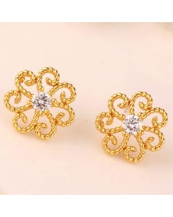 Korean Fashion Cubic Zirconia Inlaid Vintage Hollow Flower Copper Ear Studs - Golden