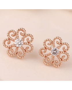 Korean Fashion Cubic Zirconia Inlaid Vintage Hollow Flower Copper Ear Studs - Copper