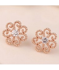 Korean Fashion Cubic Zirconia Inlaid Vintage Hollow Flower Copper Ear Studs - Copper
