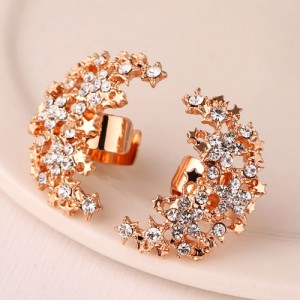 Korean Fashion Czech Rhinestone Embellished Stars Combined Moon Design Fashion Ear Studs - Copper