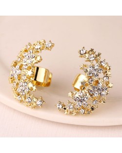 Korean Fashion Czech Rhinestone Embellished Stars Combined Moon Design Fashion Ear Studs - Golden