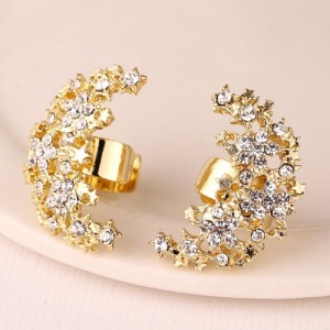 Korean Fashion Czech Rhinestone Embellished Stars Combined Moon Design Fashion Ear Studs - Golden