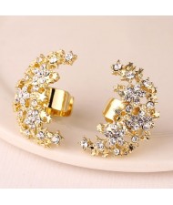 Korean Fashion Czech Rhinestone Embellished Stars Combined Moon Design Fashion Ear Studs - Golden