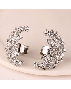 Korean Fashion Czech Rhinestone Embellished Stars Combined Moon Design Fashion Ear Studs - Silver