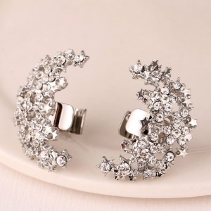 Korean Fashion Czech Rhinestone Embellished Stars Combined Moon Design Fashion Ear Studs - Silver