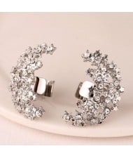 Korean Fashion Czech Rhinestone Embellished Stars Combined Moon Design Fashion Ear Studs - Silver