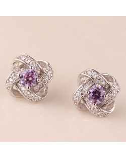 Sweet Fashion Purple Cubic Zirconia Hollow Weaving Pattern Silver Ear Studs