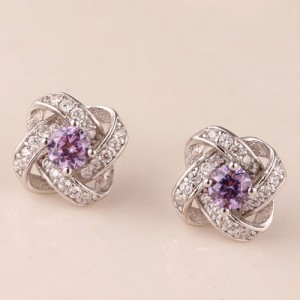 Sweet Fashion Purple Cubic Zirconia Hollow Weaving Pattern Silver Ear Studs
