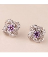 Sweet Fashion Purple Cubic Zirconia Hollow Weaving Pattern Silver Ear Studs