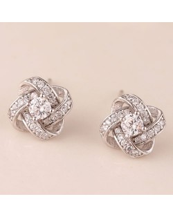 Sweet Fashion Transparent Cubic Zirconia Hollow Weaving Pattern Silver Ear Studs