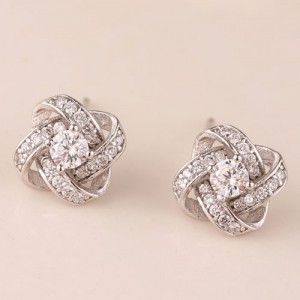 Sweet Fashion Transparent Cubic Zirconia Hollow Weaving Pattern Silver Ear Studs