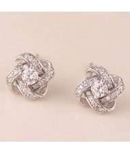 Sweet Fashion Transparent Cubic Zirconia Hollow Weaving Pattern Silver Ear Studs