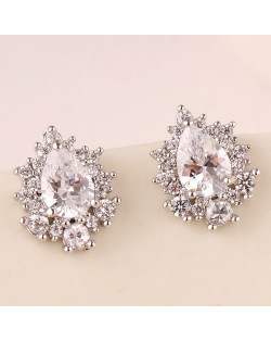 Delicate Cubic Zirconia Embedded Splendid Waterdrops Ear Studs - Silver