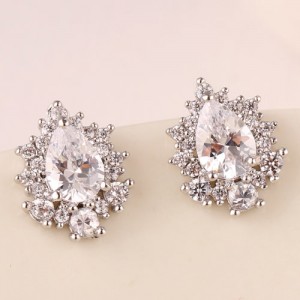 Delicate Cubic Zirconia Embedded Splendid Waterdrops Ear Studs - Silver