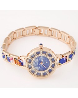 Floral Prints Rhinestone Decorated Radial Pattern Women Fashion Wrist Watch - Blue