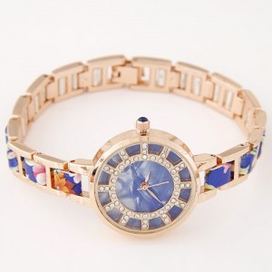 Floral Prints Rhinestone Decorated Radial Pattern Women Fashion Wrist Watch - Blue