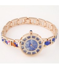 Floral Prints Rhinestone Decorated Radial Pattern Women Fashion Wrist Watch - Blue