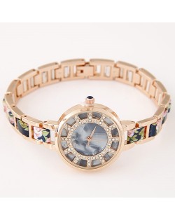 Floral Prints Rhinestone Decorated Radial Pattern Women Fashion Wrist Watch - Dark Blue