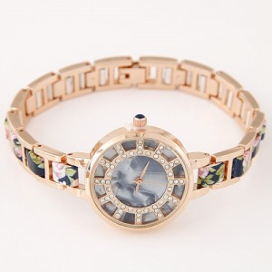 Floral Prints Rhinestone Decorated Radial Pattern Women Fashion Wrist Watch - Dark Blue