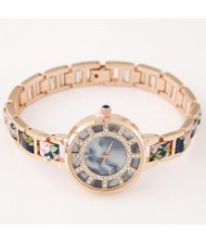 Floral Prints Rhinestone Decorated Radial Pattern Women Fashion Wrist Watch - Dark Blue