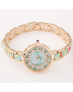 Floral Prints Rhinestone Decorated Radial Pattern Women Fashion Wrist Watch - Light Green