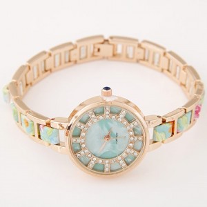 Floral Prints Rhinestone Decorated Radial Pattern Women Fashion Wrist Watch - Light Green